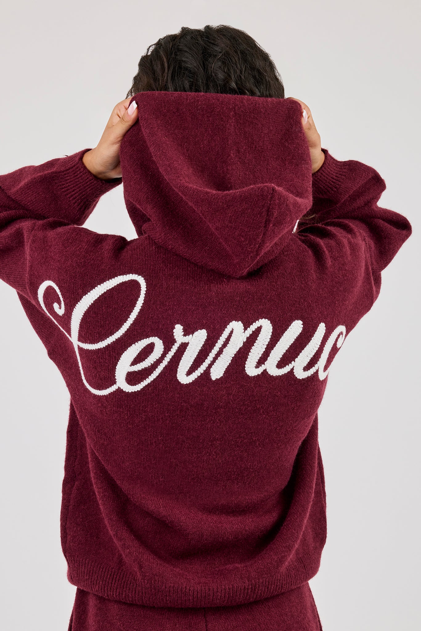 Knitted Stitch Back Detail Zip Through Hoodie - Burgundy